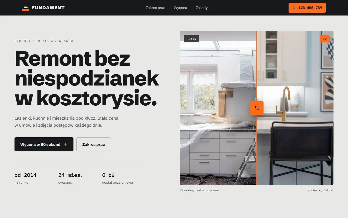 Strona firmy remontowej Fundament z suwakiem porównującym kuchnię przed i po remoncie